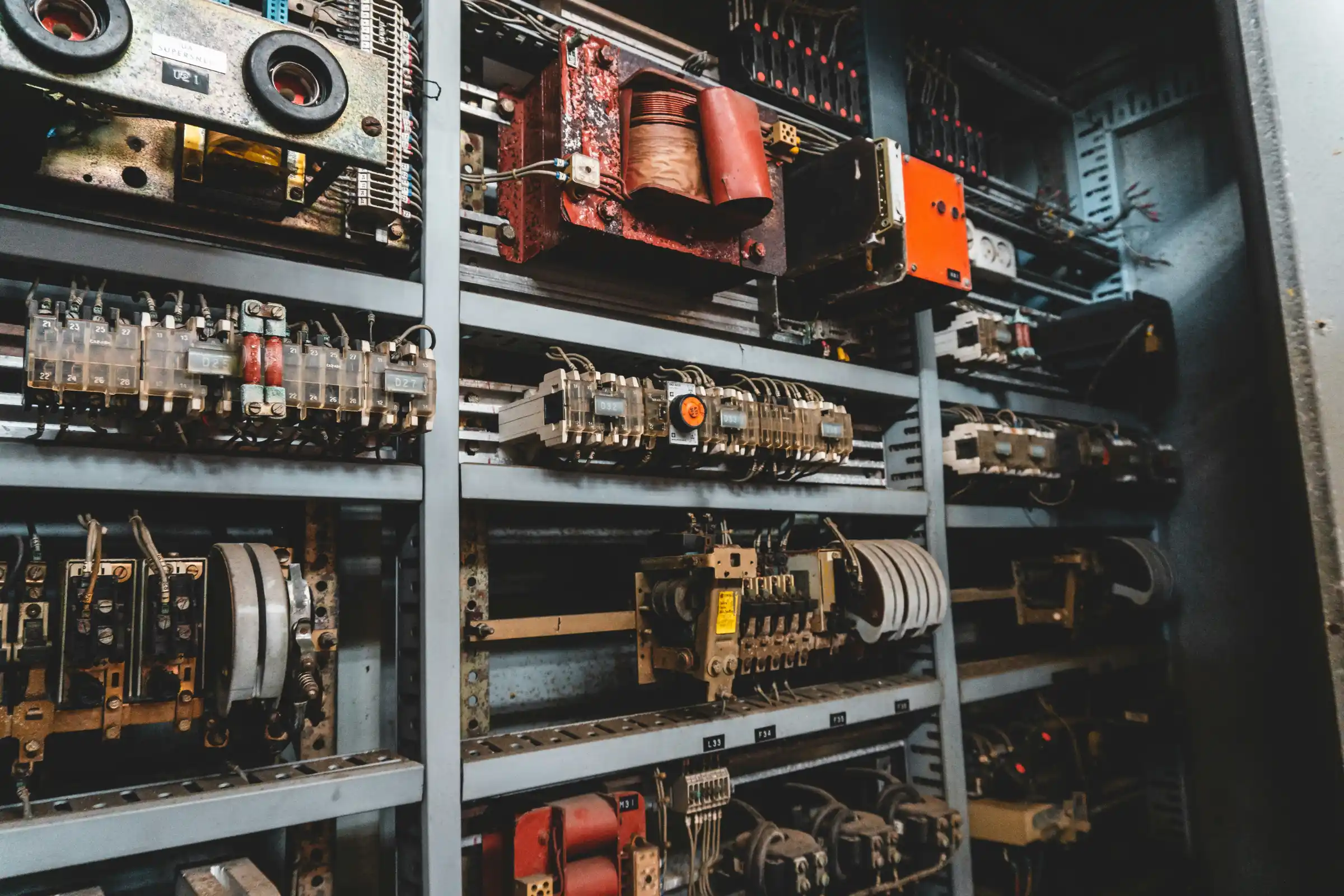 Shelves of equipment parts in a maintenance store room
