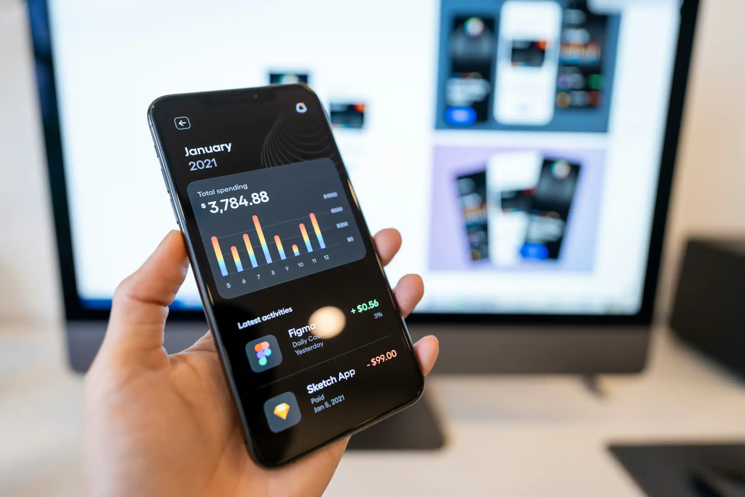 A hand holding a phone showing an analytics dashboard in front of a monitor
