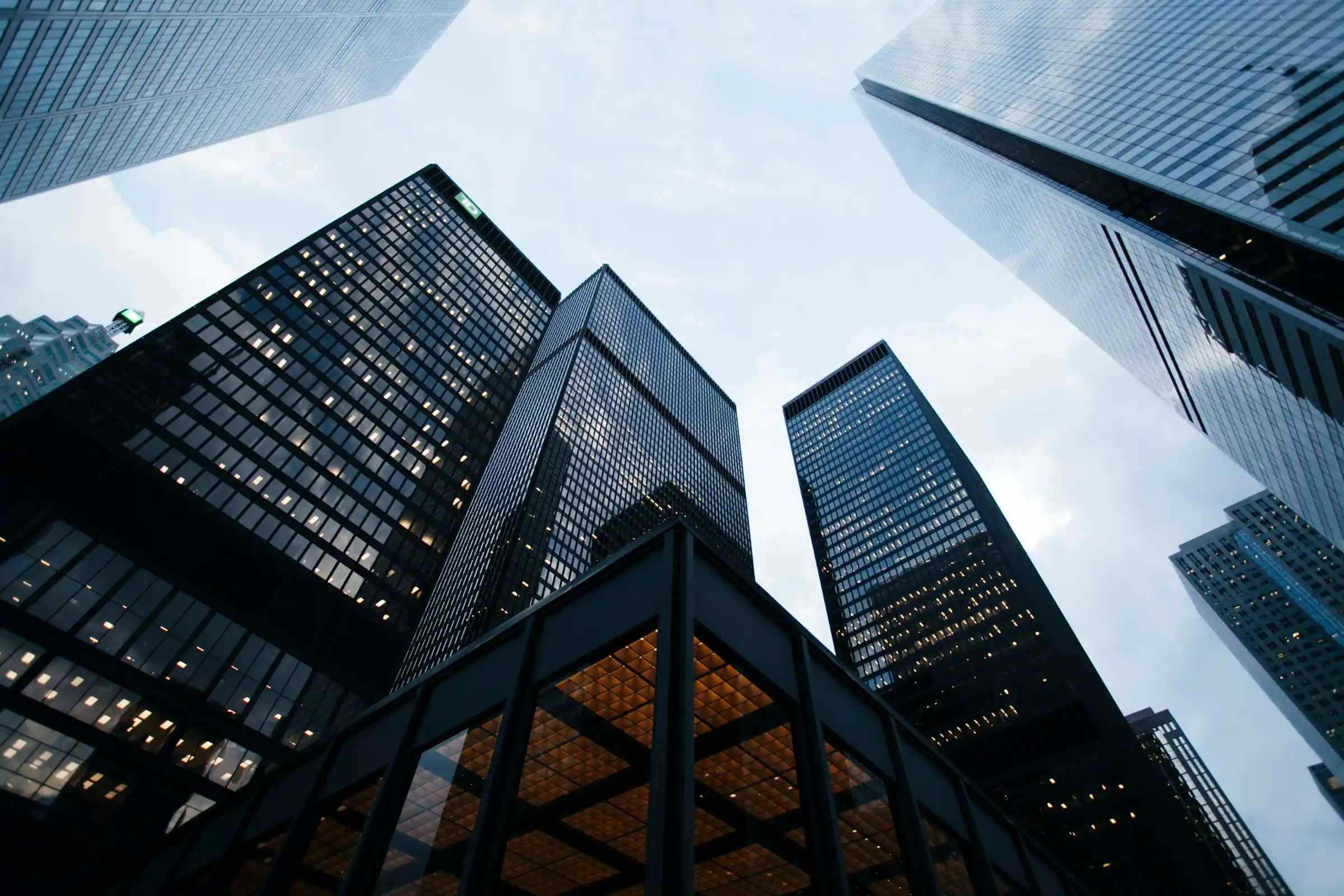 Office towers seen from street level in a downtown business district